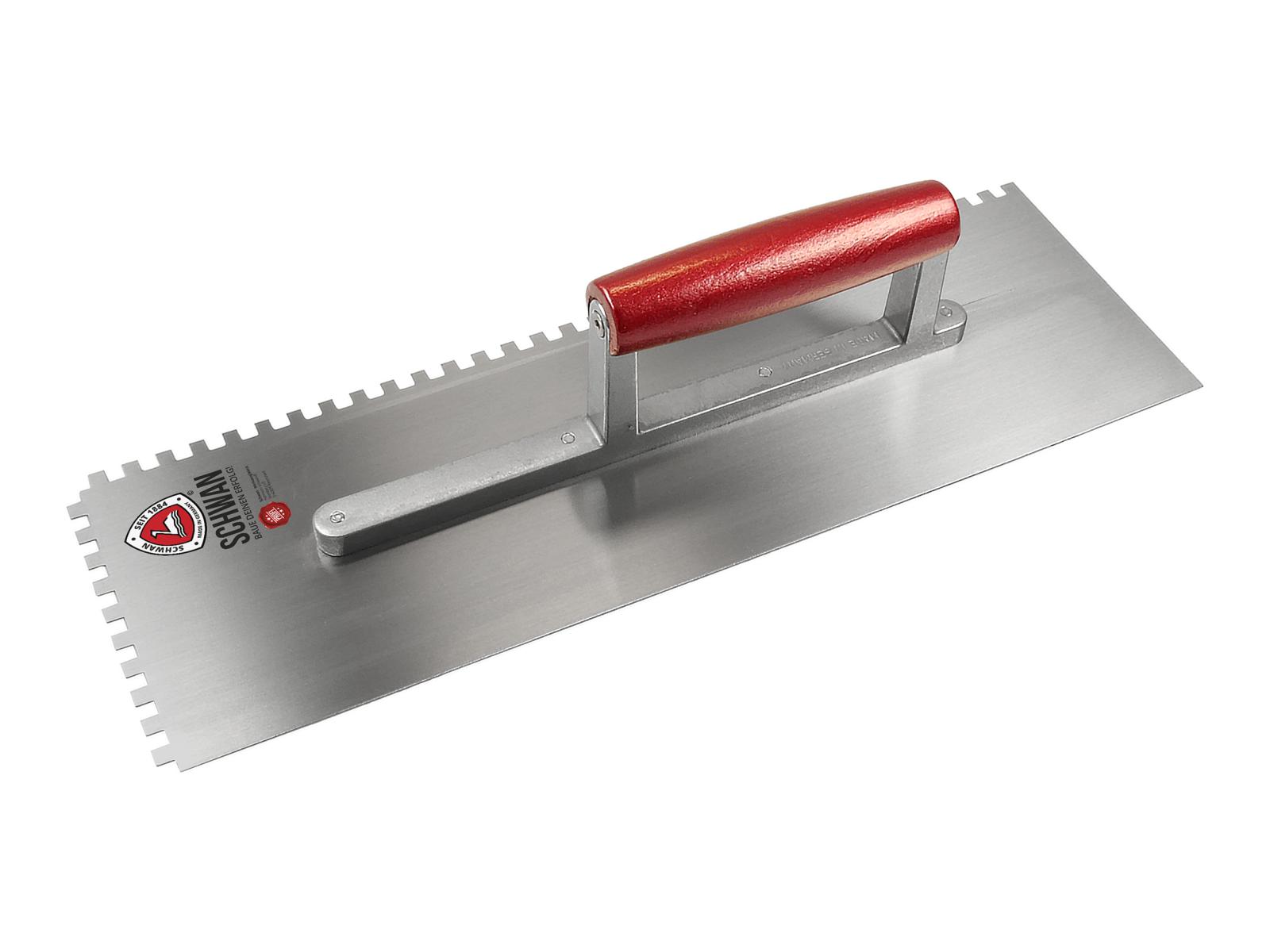 Bodenlegerkelle | gerades Blatt, 0,7 mm Blattstärke, Aluminium-Stütze (Schwan) gezahnt 6 x 6 mm | 400 x 130 mm