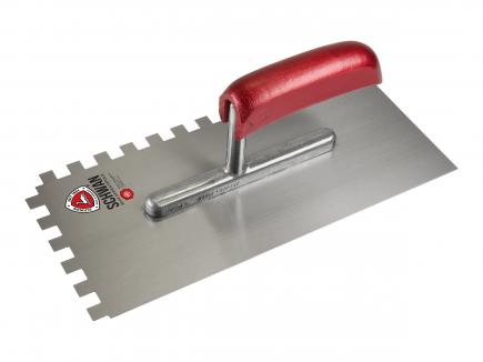 Zahnkelle / Zahnspachtel | 280 x 130 mm, Stärke 0,7 mm (Schwan "Standard") Rechteck-Zahnung 10 x 10 mm | Stahl | Holzheft