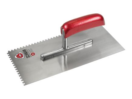 Zahnkelle / Zahnspachtel | 280 x 130 mm, Stärke 0,7 mm (Schwan "Standard") Rechteck-Zahnung 4 x 4 mm | Stahl | Holzheft