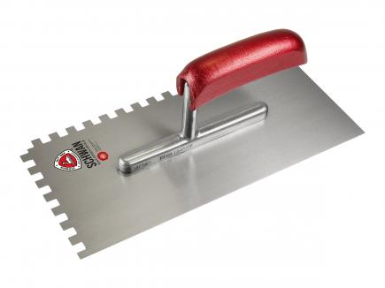Zahnkelle / Zahnspachtel | 280 x 130 mm, Stärke 0,7 mm (Schwan "Standard") Rechteck-Zahnung 8 x 8 mm | Stahl | Holzheft