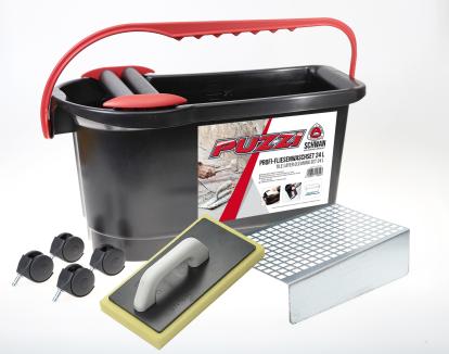 Profi-Fliesenwaschset | 4-teilig, 24 l, rollbar, mit Bodensieb und Waschbrett (Schwan Puzzi) 