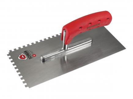 Zahnkelle / Zahnspachtel | 280 x 130 mm, Stärke 0,7 mm (Schwan "Standard") Rechteck-Zahnung 6 x 6 mm | Stahl | Softheft