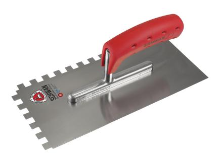 Zahnkelle / Zahnspachtel | 280 x 130 mm, Stärke 0,7 mm (Schwan "Standard") Rechteck-Zahnung 10 x 10 mm | rostfrei | Softheft