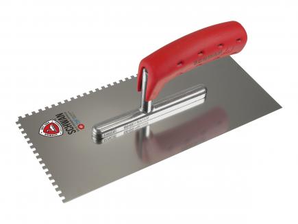 Zahnkelle / Zahnspachtel | 280 x 130 mm, Stärke 0,7 mm (Schwan "Standard") Rechteck-Zahnung 4 x 4 mm | rostfrei | Softheft