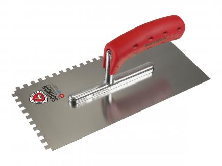 Zahnkelle / Zahnspachtel | 280 x 130 mm, Stärke 0,7 mm (Schwan "Standard") Rechteck-Zahnung 6 x 6 mm | rostfrei | Softheft